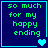 Four identical blue square with cyan borders display green pixelated text reading "so much for my happy ending" and vary in heart symbol count