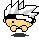 Pixel art character with spiky white hair and black headband, yellow skin, red cheeks, standing on gray background with dark shadow.
