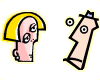 Animated cartoon character with yellow hair and pink skin alternates between facing left, turning right, and showing a purple arc near its head.