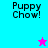 Pixelated 'Puppy Chow!' text appears on cyan and magenta backgrounds with a small star icon changing color between frames.