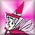 Pixelated static icon of a cartoon character with checkered wings and a red pointed hat against a pink gradient background.