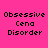 Four identical pixelated text on a bright pink background, each displaying 'Obsessive Cena Disorder' with one word highlighted in cyan per
