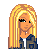 A 4x3 contact sheet of pixel art frames showing a blonde character, partial body, and clothing with green text overlay reading 'walk in down she cried herself the hall to sleep smilin n laughin you see her you'd never guess' on white background.