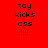 Red background with black text 'toy kicks ass !!!!' repeated in a , white rectangular sections appear and disappear across frames