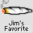 Pixelated cigarette icon with burning tip, smoke, and text 'Jim's Favorite' below it on light gray background.