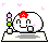 Pixel art contact sheet of an animated character with a red flower on its head, showing multiple expressions and actions across 8 frames against a gray background.