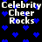Pixelated text 'Celebrity Cheer Rocks' repeated across a black background with scattered blue hearts, animated to shift position.