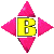 Animated contact sheet of six frames showing a yellow 'B' icon with pink diamond-shaped elements rotating around it against gray background.