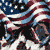Pixelated static image of a figure in motion against an American flag background with red, white, and blue stripes.