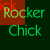 Animated sequence of pixelated text 'Rocker Chick' in green and red on dark and reddish-brown backgrounds with overlapping lettering.