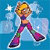 Pixelated character with blonde hair in a dynamic pose, wearing purple top and pink-purple pants with green accents, against blue background with white cloud shapes.