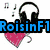 Pixelated icon with blue text 'RoisinF1 Loves Music!' over a white background with headphones and a heart, and a pink background with a silhouette.