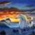 Pixelated sunset scene with orange and yellow sky, blue water, and dark landmasses, rendered in low-resolution digital art style.