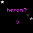 Pixelated icon with pink text 'herow?' above a purple smiley face, surrounded by white and gray stars on black background.