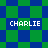 Four identical pixelated 'CHARLIE' text displays on a blue and green checkered background with varying diamond patterns.