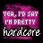 Pixelated text on a pink and black background with animated color shifts in the word 'hardcore'