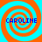 Four identical spiral patterns with alternating orange and cyan rings, each containing the text "CAROLINE" in blue pixelated letters.