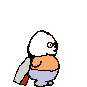 Pixelated character with white head, orange shirt, purple pants, and red cape in multiple poses against gray background.