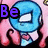 A blue cartoon character with a white eye and pink background displays changing purple text across three