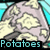 Pixelated potato graphic with light brown skin and white flesh, two versions of the word "Potatoes" in cyan and red text below.