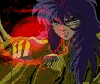 Anime character with long dark purple hair and green armor holds a glowing red orb, transitioning from a forward-facing pose to a downward gaze.