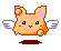 Pixelated orange creature with pink inner ears and white wings, shown in four variations of expression and pose against gray background.