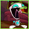 Animated cartoon character with white and teal body, dark purple limbs, pink 'M' on chest, moving in sequence of frames.
