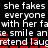 Pixelated text repeats 'she fakes everyone with her fake smile and pretend laugh' with red horizontal bars over some words on a black background.