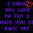 Pixelated text in purple and red on black background with a red heart symbol replacing the 'O' in 'KNOW' on the left side.