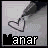 A grayscale animated icon shows a hand drawing a heart with a pen, while the text "Manar" changes character by character across frames.