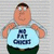 Pixelated cartoon character wearing light blue tank top with dark blue text and green pants, static single-frame image on gray background.