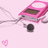Pixelated pink car with open door and visible interior, attached to a gray pole, with a small pink heart symbol on a light pink background.