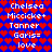 Blue background with red heart pattern, white text reading Chelsea Micicke+ Tanner Garis= love repeated twice in two