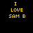 Yellow pixelated text "I LOVE SAM B" on black background with white rectangular overlays in various positions.