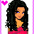 Animated contact sheet of a pixel-art character with long black hair in various poses and outfits, including holding a pink star, wearing white pants, and displaying "I'm in Love" text on a red background.