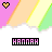 Pixelated icon with pink, orange, yellow, and green diagonal stripes above a white cloud-like base; heart symbol changes color across frames.