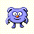 Pixelated blue creature with large white eyes, orange nose, black mouth line, and four limbs against a light checkered background.