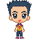 Pixelated cartoon character with spiky dark blue hair, yellow shirt featuring red number 9, and dark pants in various poses including open eyes, closed eyes, and mouth shapes.