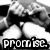 Black-and-white pixelated image shows a stylized figure with a large head and prominent eyes, holding a white object, with the word 'PROMISE' in bold block letters below.