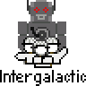Pixel art contact sheet showing two identical animated frames of a gray robot with red eyes holding white objects, alongside text elements including "badass buddy .com" and "Inter galactic".