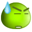 Green spherical character with angry expression and sweat drop, transitioning from full blue droplet to faint greenish outline
