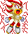 Pixelated character with red spiky hair, yellow face, and open mouth surrounded by red crack-like lines on gray background.
