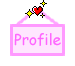 Four pink rectangular signs with 'Profile' text, each attached to a pink ribbon and topped with red heart and yellow star icons on gray background.