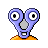 Pixelated cartoon icon of a blue creature with large eyes and an orange base on gray background