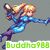 Pixelated character in blue outfit with purple accents, long orange hair tied back, holding a golden object while extending one arm forward against gray background.