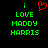 Green pixelated text reads 'i LOVE MADDY HARRIS' on black background with red heart symbol above 'i' in left view.