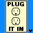 Two vertical display identical pixelated 'PLUG IT IN' text and electrical outlet icons on a blue background, with one 's bottom icon slightly shifted