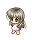 Pixel art character with silver hair and green eyes in white dress, shown from multiple angles including front, side, back, and partial turns.