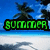 Pixelated beach scene with palm trees and blue sky, displaying green text that changes from 'summer' to 'op' to '2009'