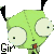 Pixelated green cartoon character with large white eyes, black antennae, and red mouth detail on gray background.